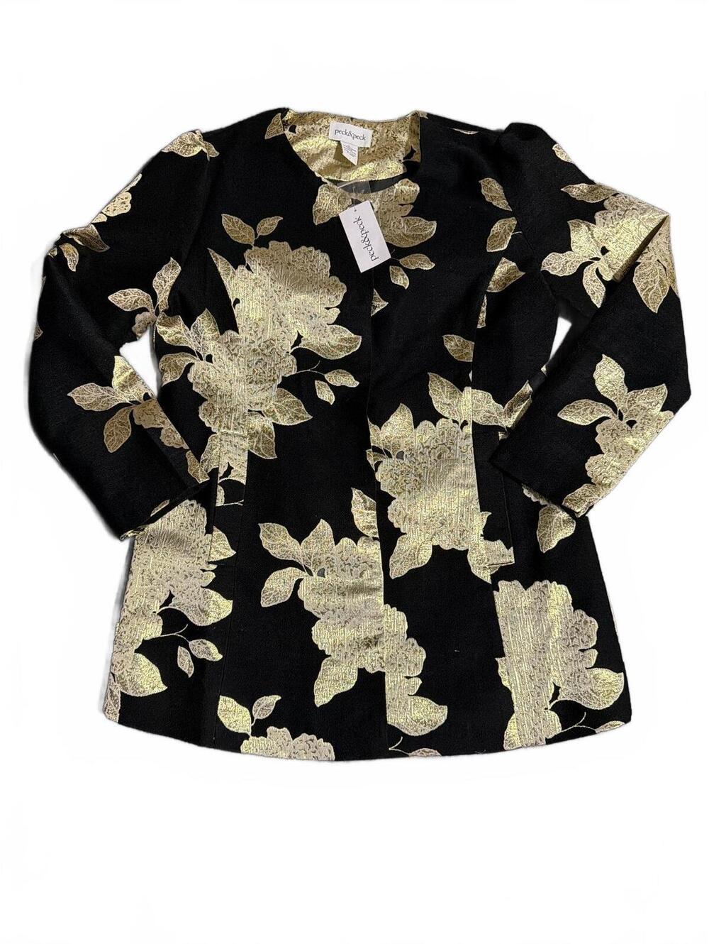 NWT peck&peck Black and Gold Floral Brocade Blazer Jacket Women's Size Large